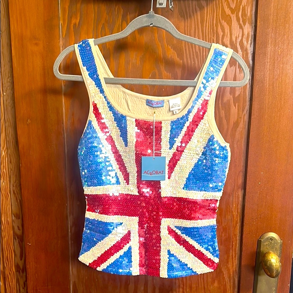 NWT small Acrobat Women's Sequin Union Jack Tank Top - Red, Blue, and White